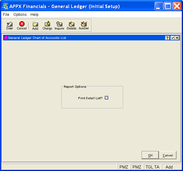 Chart of Accounts List Setup Screen