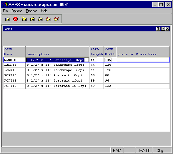 Forms File Maintenance Screen