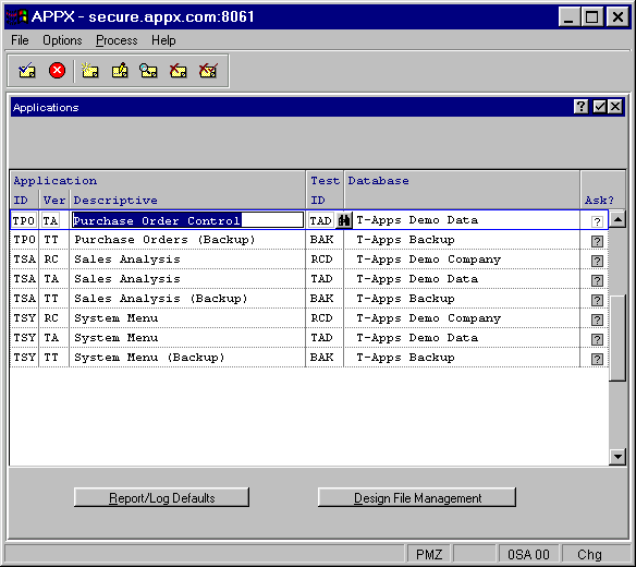 Applications File Maintenance Screen