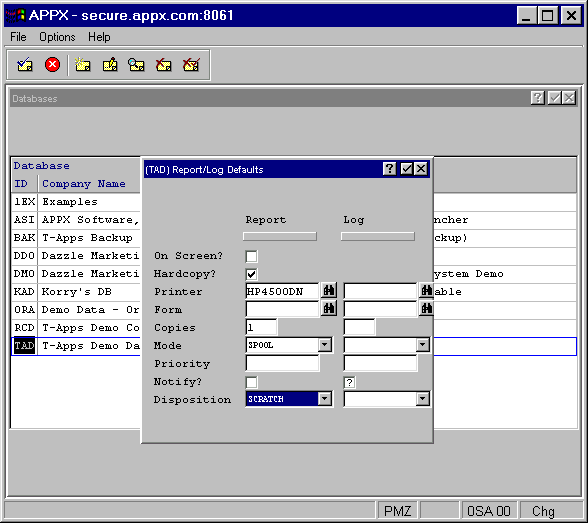 Databases Report/Log Defaults Overlay