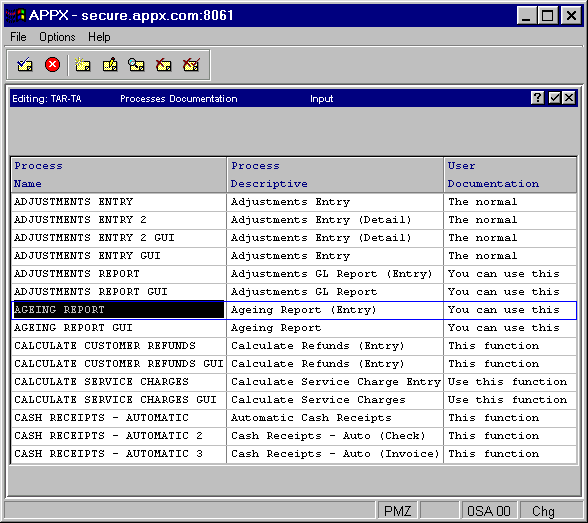 Select Process Documentation Screen (for Input Processes)