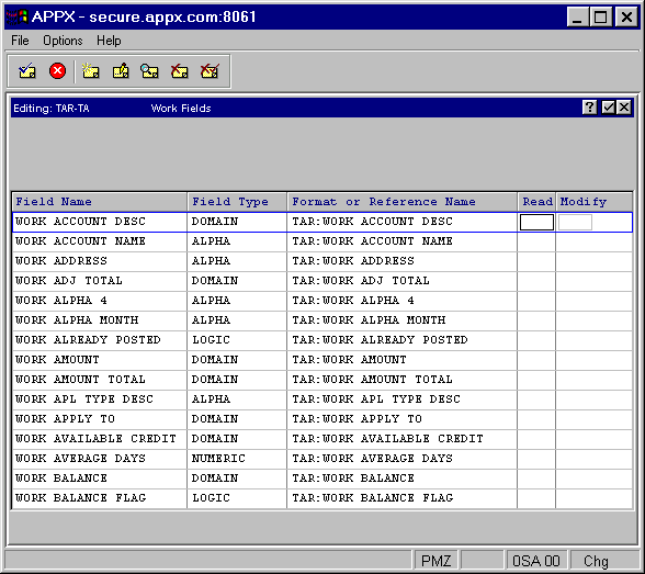Work Fields Security Definition Screen