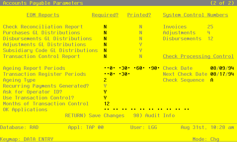 TheInitial Setup Parameters Screen - Part 2 of 2