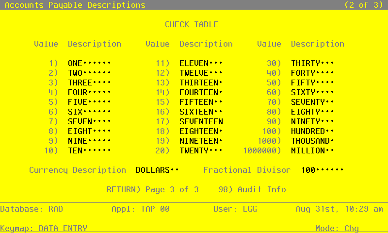 The Initial Setup Descriptions Screen - Part 2 of 3