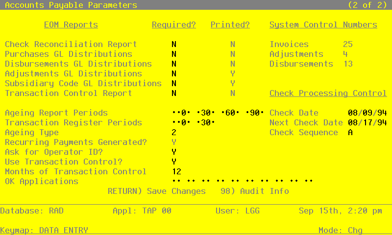The Recovery Processing Parameters Screen - Part 2 of 2