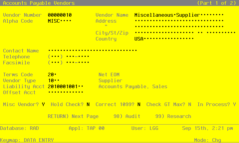 The Recovery Processing Vendors Screen - Part 1 of 2