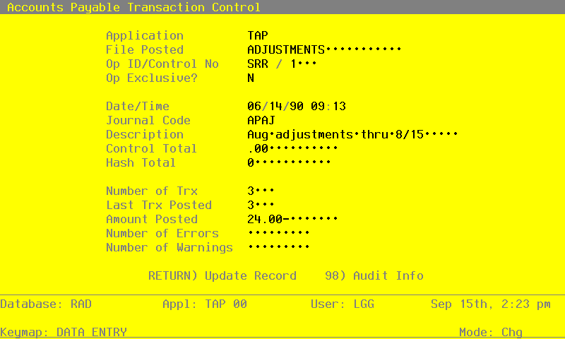The Recovery Processing Transaction Control Screen