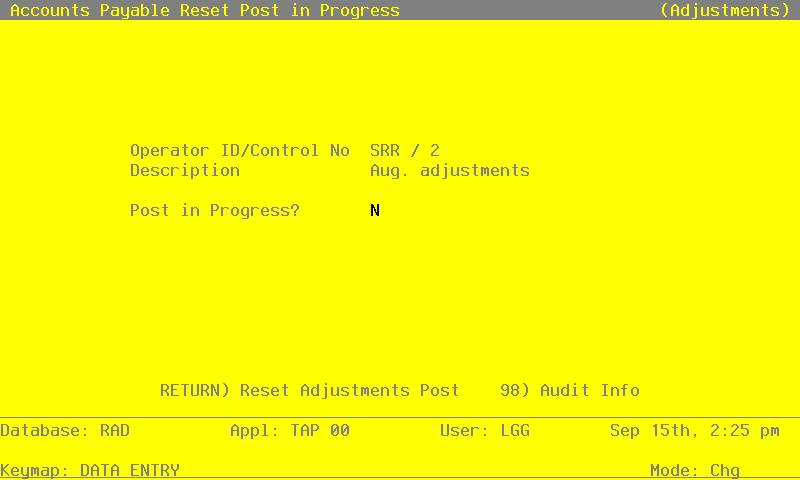 The Recovery Processing Reset Post in Progress Screen for Adjustments