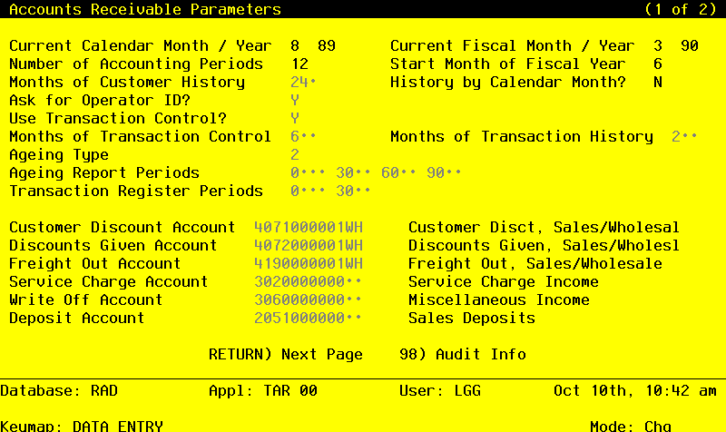 The Accounts Receivable Initial Setup Parameters Screen - Part 1 of 2