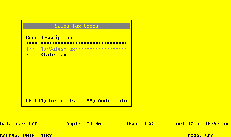 The Accounts Receivable Initial Setup Sales Tax Codes Screen