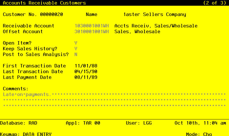 The Accounts Receivable Initial Setup Customer Screen - Part 2 of 3