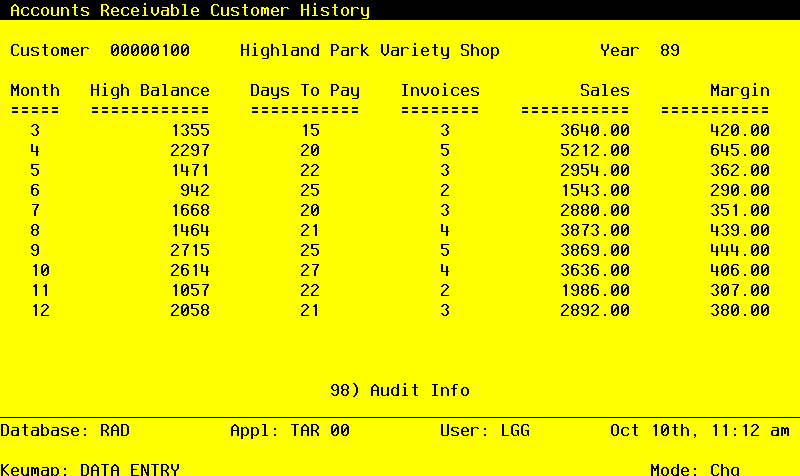 The Accounts Receivable Initial Setup Customer History by Month Screen