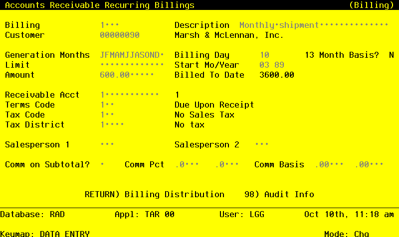 The Accounts Receivable Initial Setup Recurring Billings Screen
