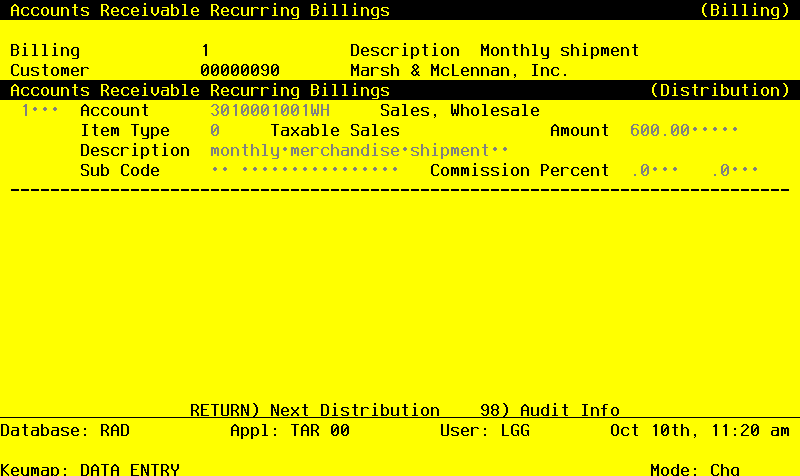 The Accounts Receivable Initial Setup Recurring Line Items Screen
