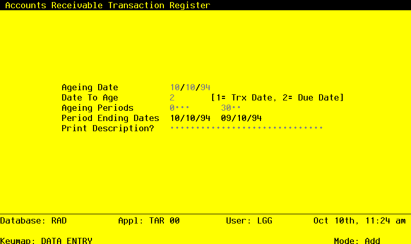 The Accounts Receivable Initial Setup Transaction Register Screen