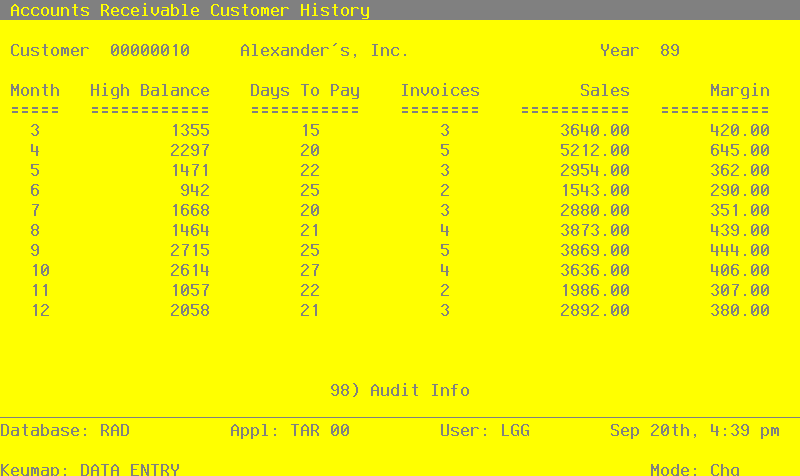 The Recovery Processing Customer History by Month Screen