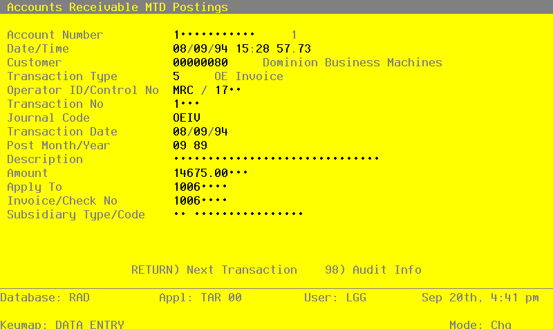 The Recovery Processing MTD Postings Screen