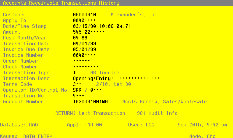 The Recovery Processing Transactions History Screen