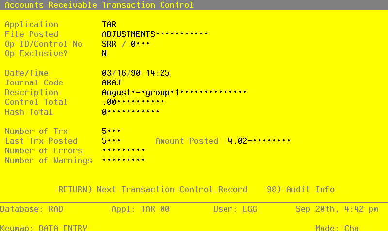 The Recovery Processing Transaction Control Screen