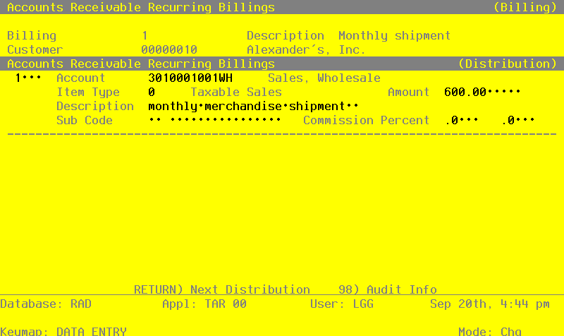 The Recovery Processing Recurring Line Items Screen