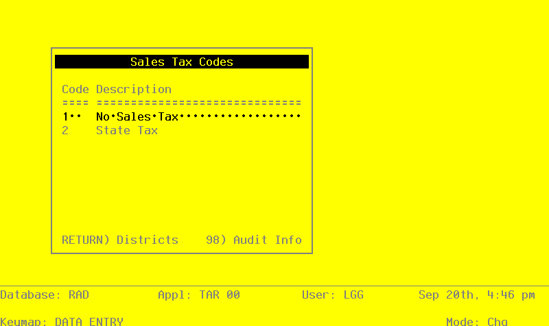 The Recovery Processing Sales Tax Codes Screen