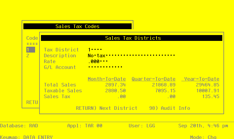 The Recovery Processing Sales Tax Districts Screen
