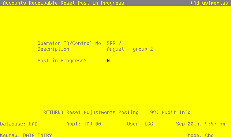 The Recovery Processing Reset Post in Progress Screen - Adjustments
