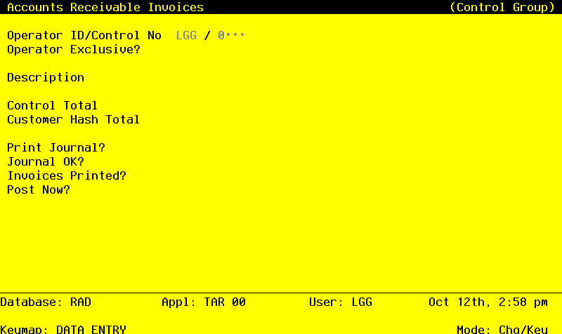 The Accounts Receivable Invoices Control Groups Screen