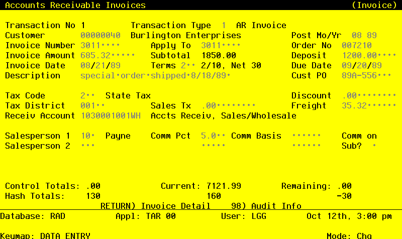 The Accounts Receivable Invoices Screen