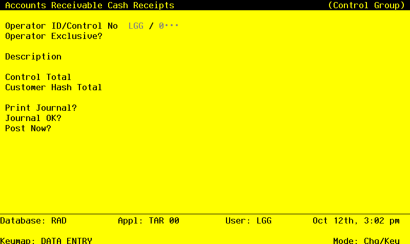 The Accounts Receivable Cash Receipts Control Group Screen