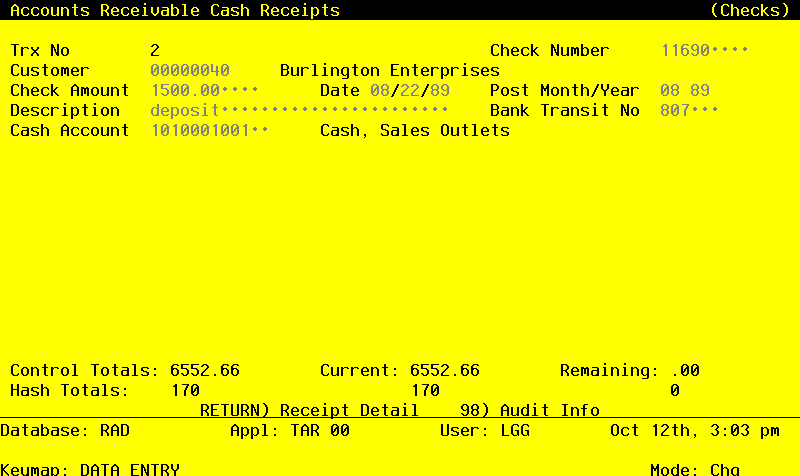 The Accounts Receivable Cash Receipts Screen