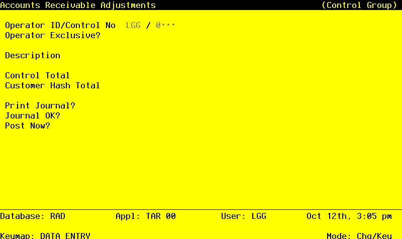 The Accounts Receivable Adjustments Control Groups Screen