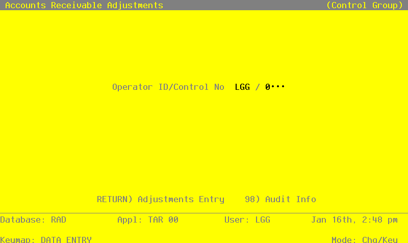 The Accounts Receivable Adjustments Operator ID Screen
