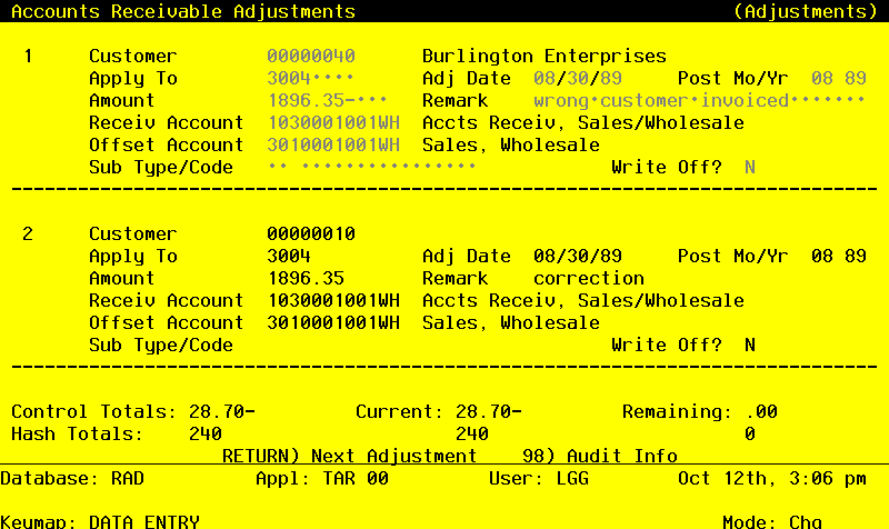 The Accounts Receivable Adjustments Screen
