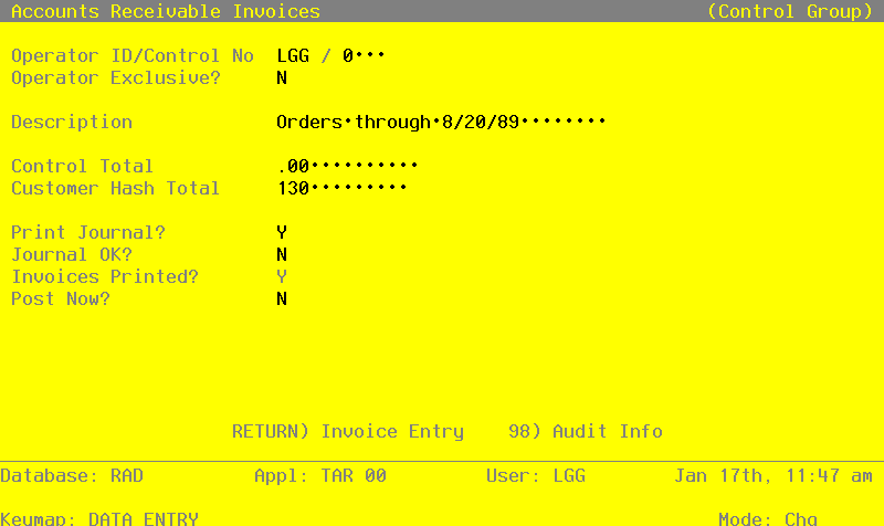 The Accounts Receivable Invoices Control Groups Screen