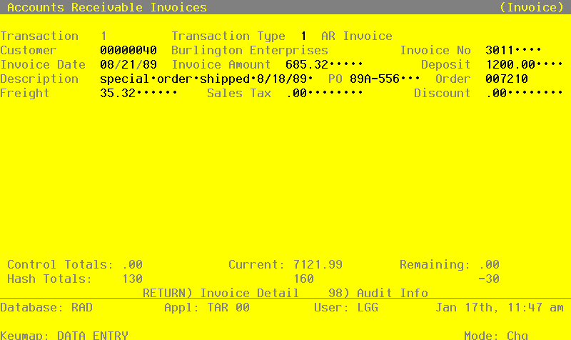 The Accounts Receivable Invoices Screen