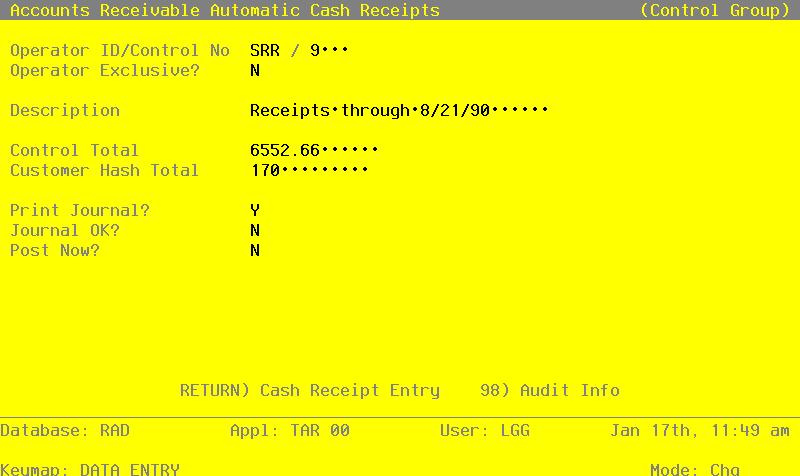 The Accounts Receivable Cash Receipts Control Groups Screen