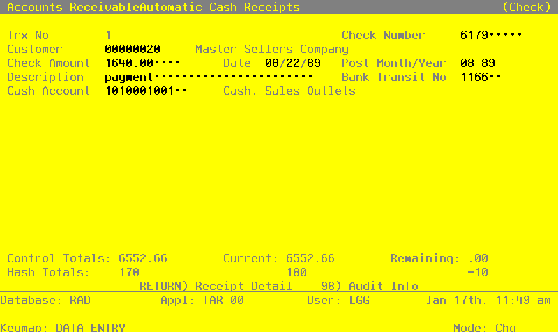 The Accounts Receivable Automatic Cash Receipts Screen