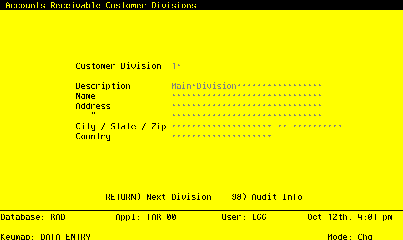 The Accounts Receivable Customer Divisions Screen