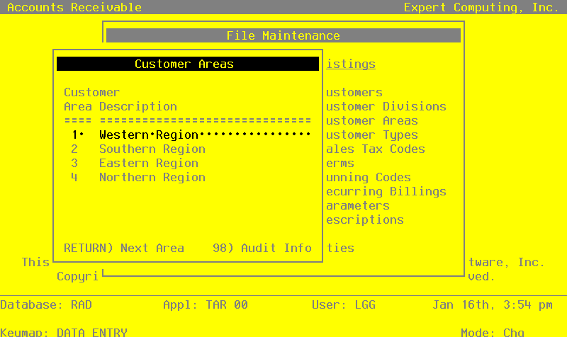 The Accounts Receivable Customer Areas Screen