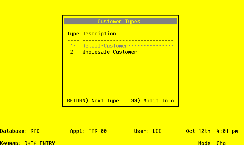 The Accounts Receivable Customer Types Screen
