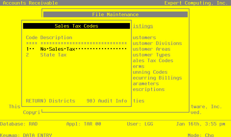 The Accounts Receivable Sales Tax Codes Screen
