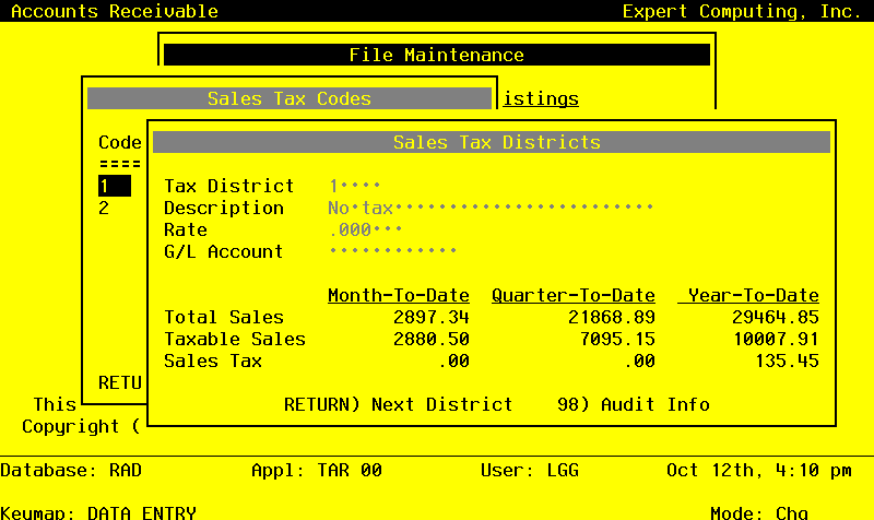The Accounts Receivable Sales Tax Districts Screen