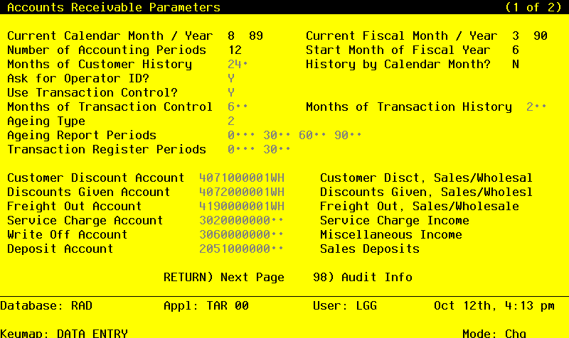 The Accounts Receivable Parameters Screen - Part 1 of 2