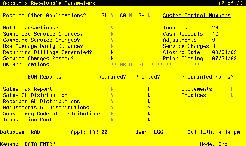 The Accounts Receivable Parameters Screen - Part 2 of 2