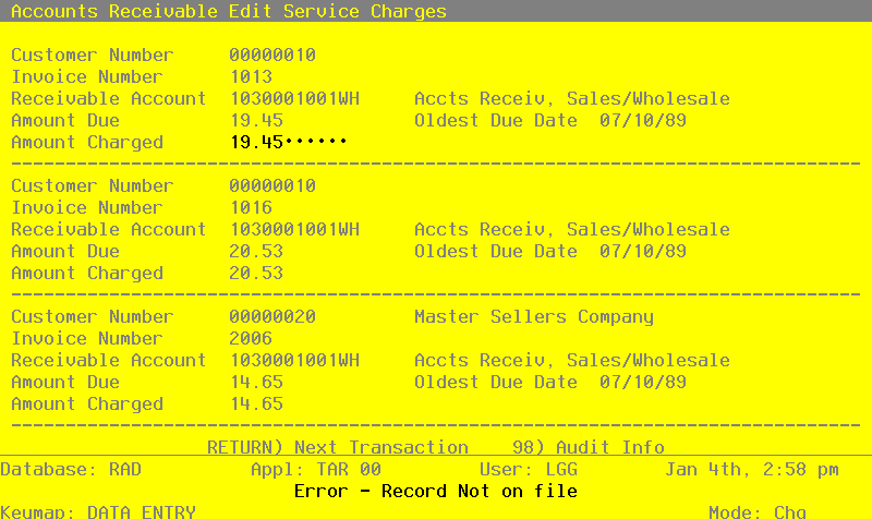 The Accounts Receivable Edit Service Charges Screen