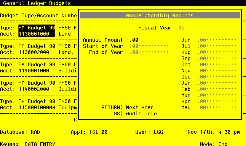 The Budget Analysis Budget Amounts Screen