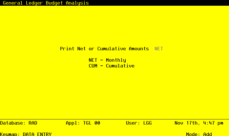 The Budget Analysis Report Screen