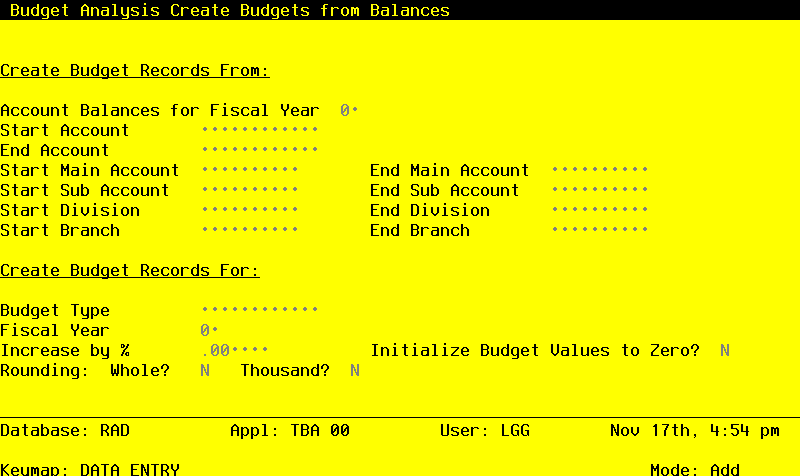 The Budget Analysis Create Budgets from Balances Screen