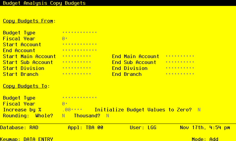 The Budget Analysis Copy Budgets Screen